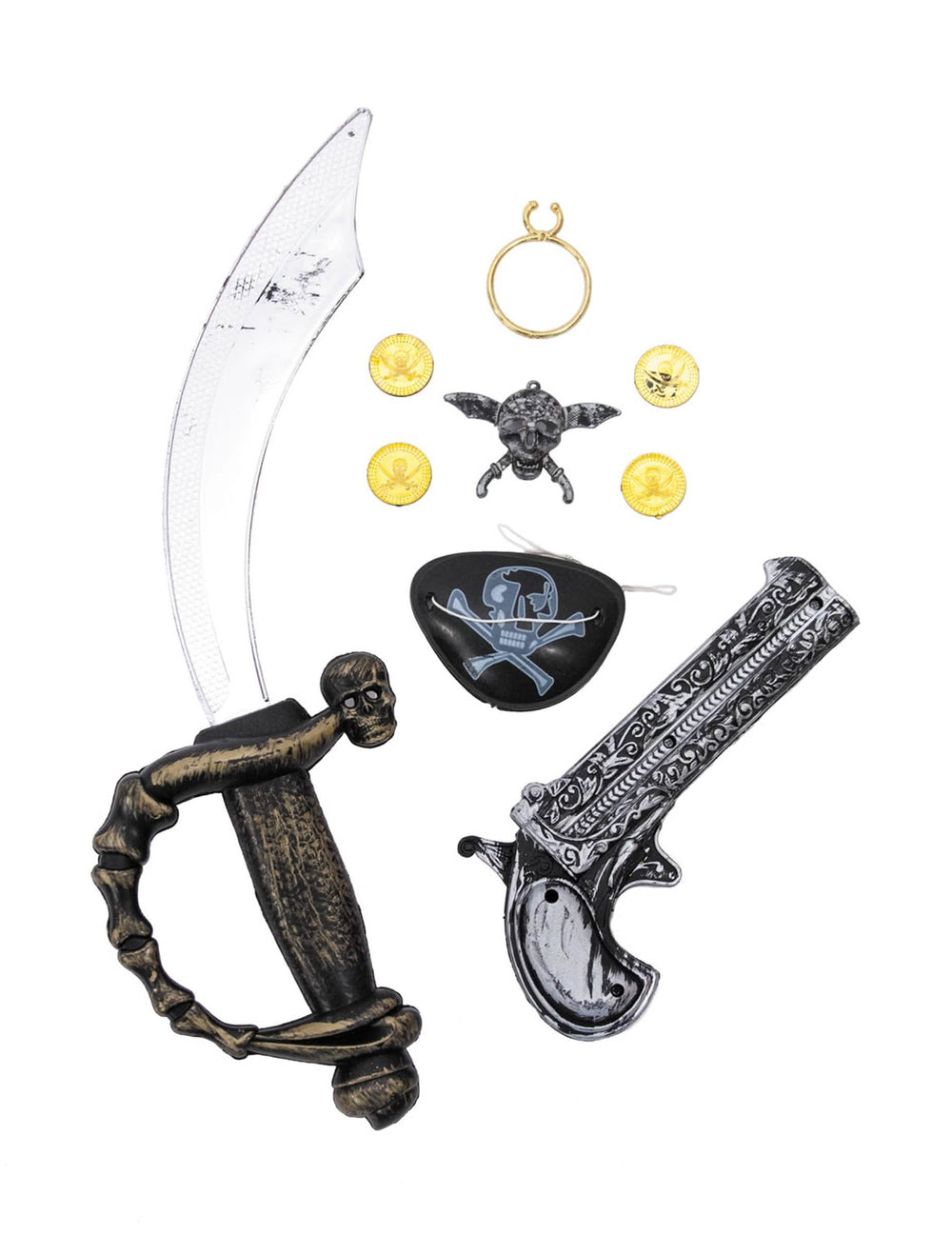 Kit pirata para niño con sable pistolas y parche ocular negro y plateado