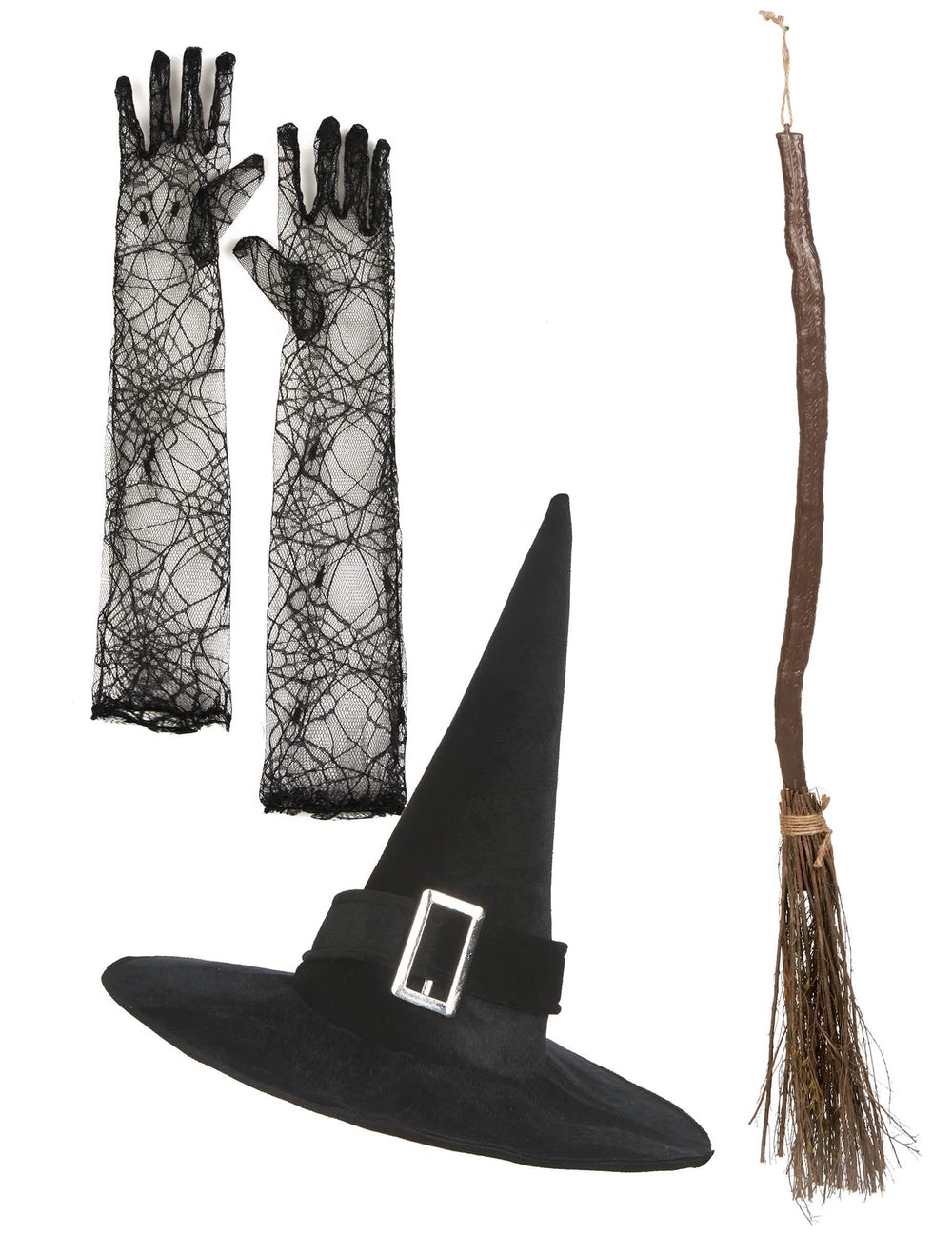 Kit de bruja para mujer negro con sombrero guantes de encaje y escoba