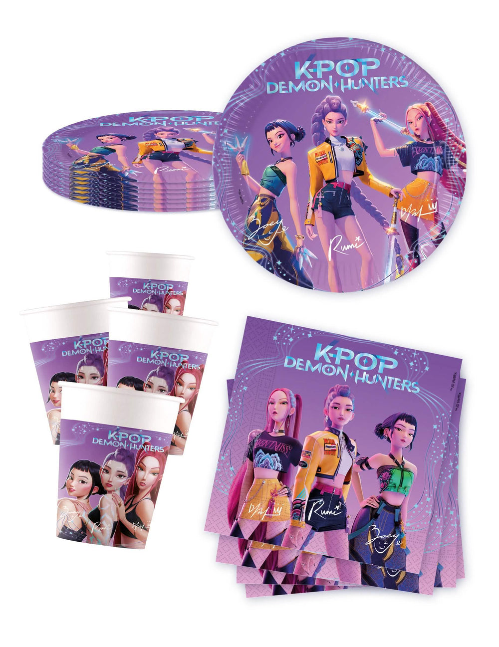 Kit de vaisselle jetable K-pop Demon Hunters pour fête violet avec assiettes, gobelets et serviettes