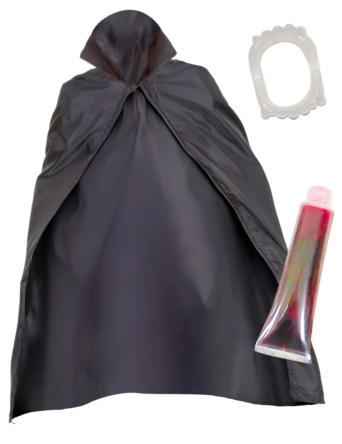 Kit de vampiro para adulto negro con capa, dentadura y sangre falsa