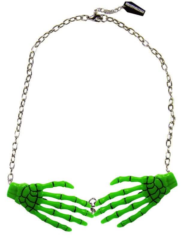 Collar de cadena con colgante de manos de esqueleto para adulto verde fosforito