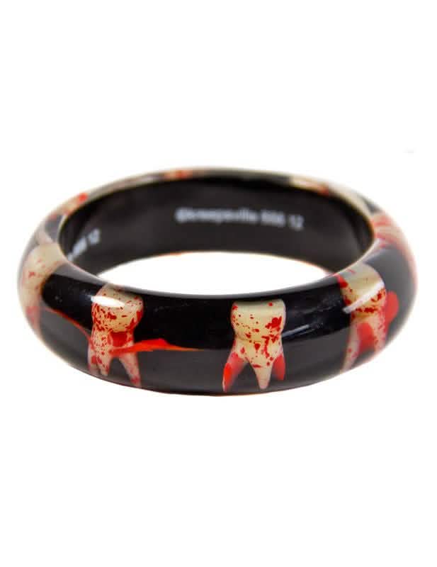 Gros bracelet rigide gothique pour adulte noir avec motif de dents ensanglantées