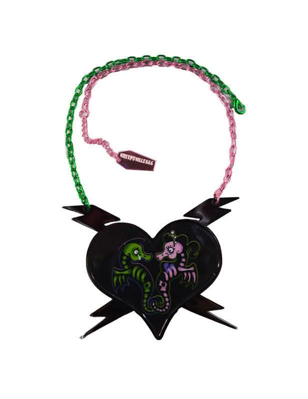Collar gótico Kreepsville hipocampo para mujer negro con cadena bicolor rosa y verde
