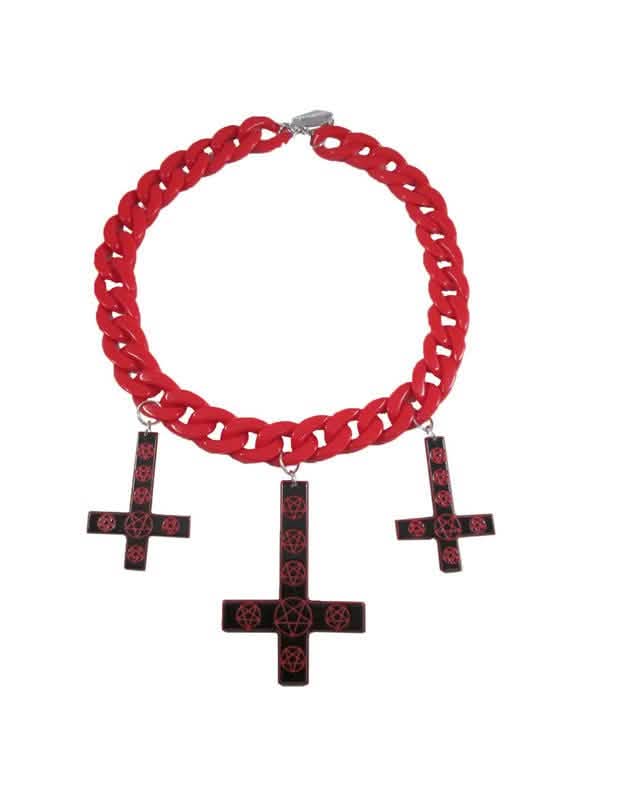 Collar de cadena con 3 colgantes de cruces negras para adulto rojo