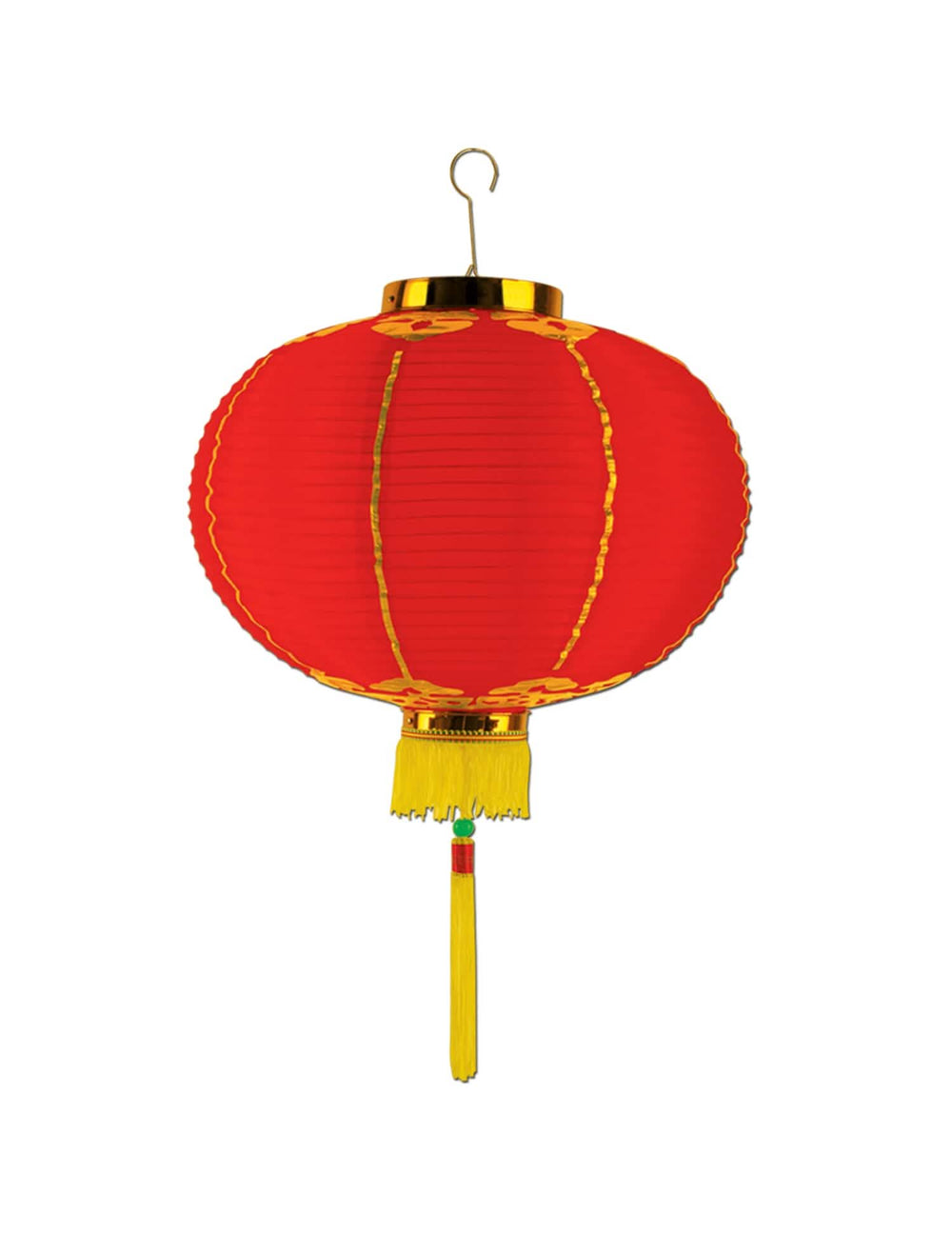Farol chino rojo para decoración con ribetes dorados y borla amarilla