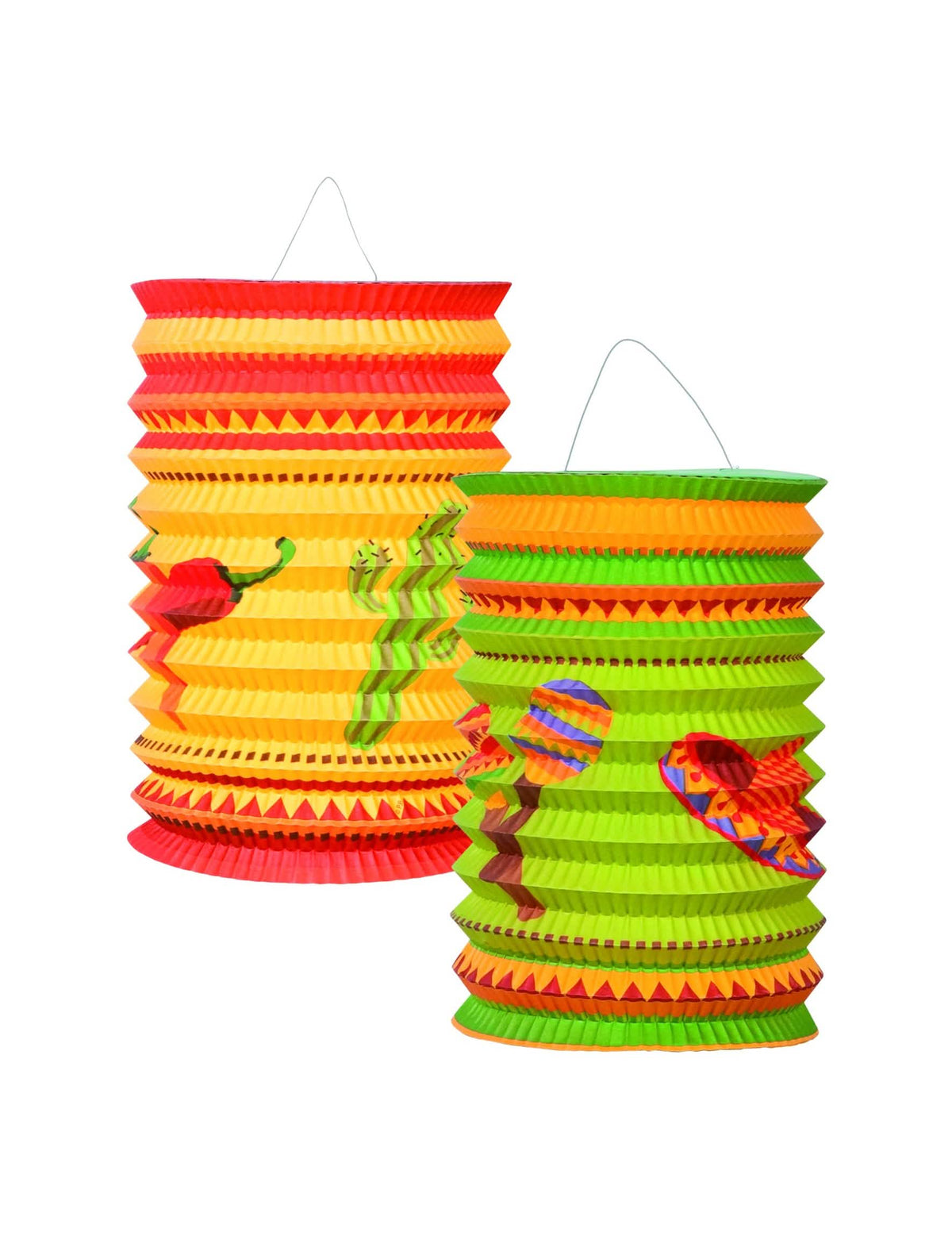 Linternas mexicanas amarillo y verde con motivos de chiles y sombreros