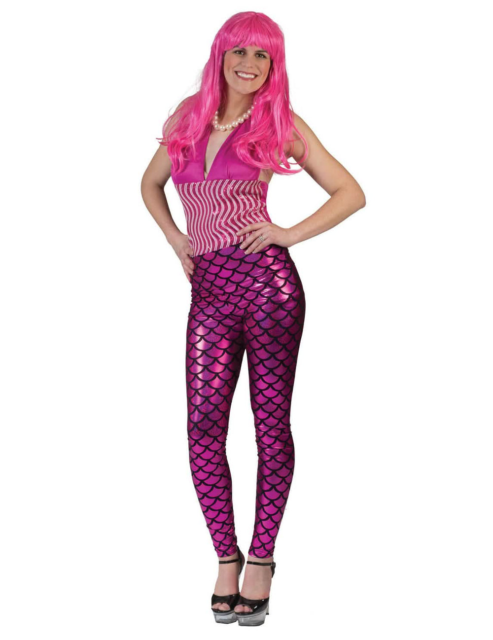 Legging de sirenas para mujer rosa brillante con escamas negras