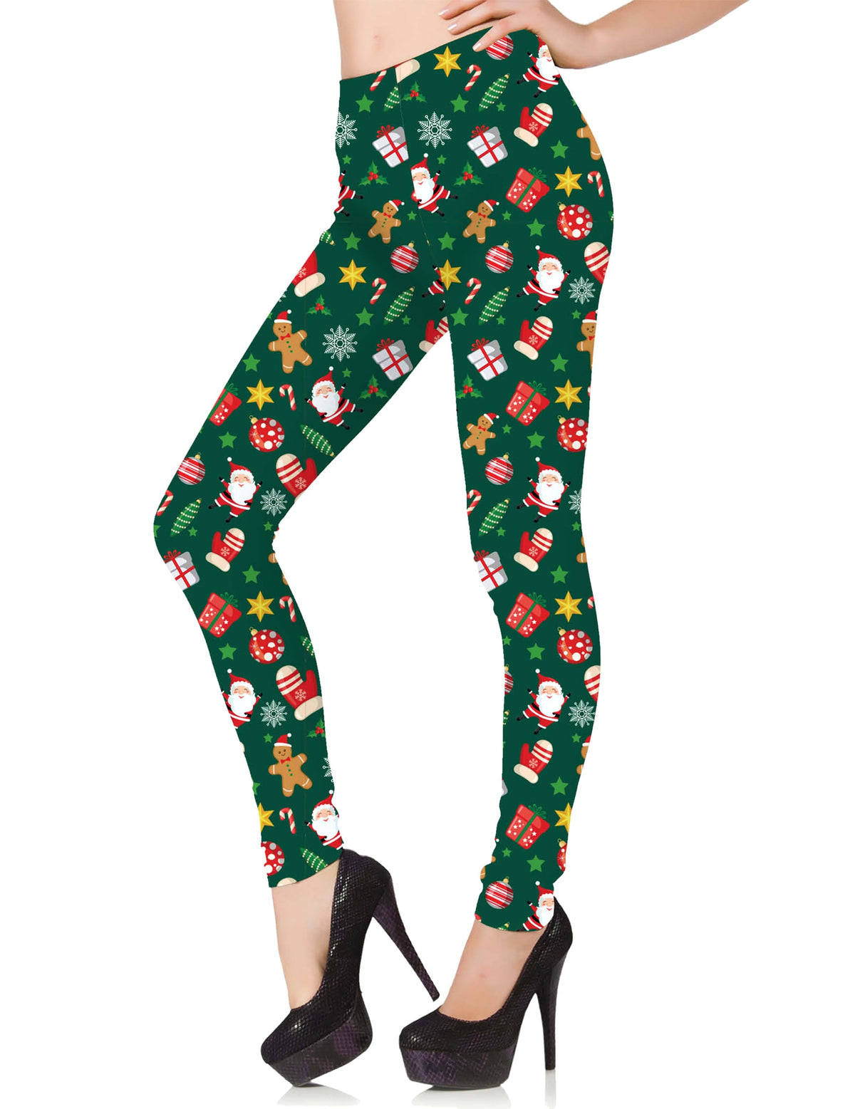 Legging à motifs de Noël pour femme vert avec imprimés Père Noël et bonshommes de pain d'épice