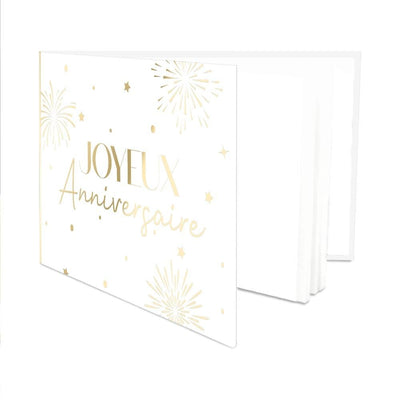 Libro de visitas de cumpleaños dorado y blanco.