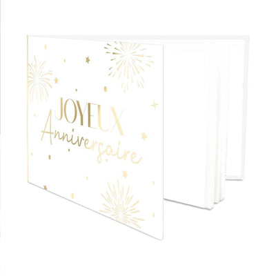 Libro de visitas de cumpleaños dorado y blanco.