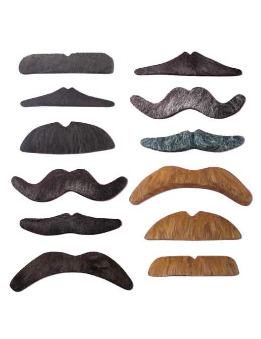 Lote de 12 bigotes para adulto negros, grises y castañas de formas variadas