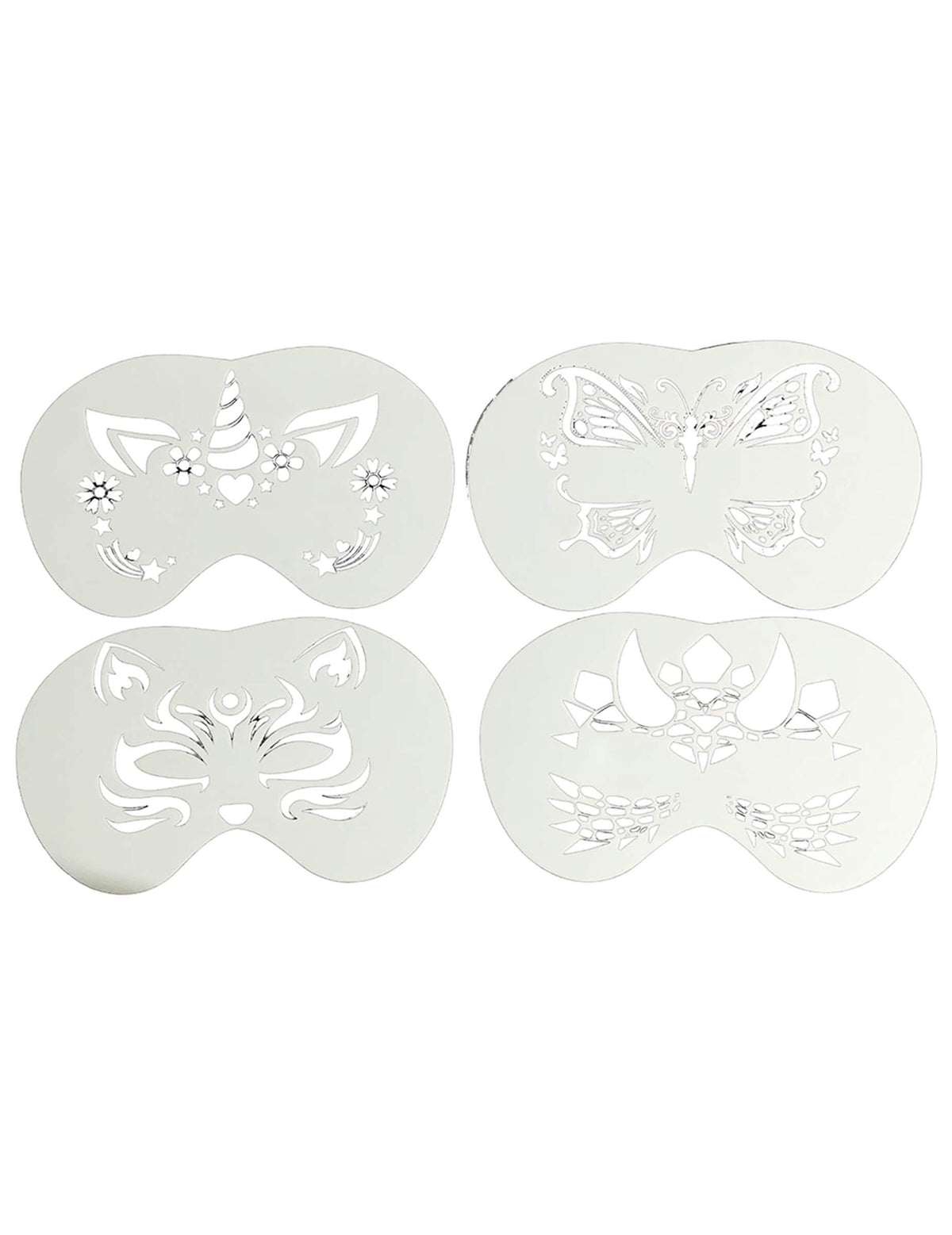 Détail des motifs licorne, papillon, chat et dragon du lot de 4 pochoirs maquillage animaux pour enfant