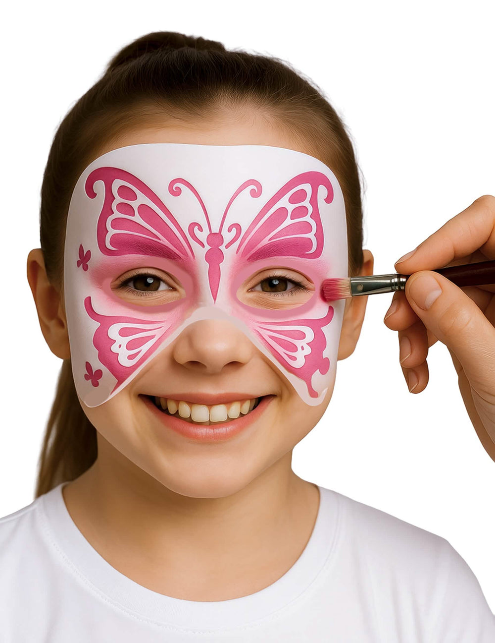 Rendu du motif papillon rose du lot de 4 pochoirs maquillage animaux pour enfant