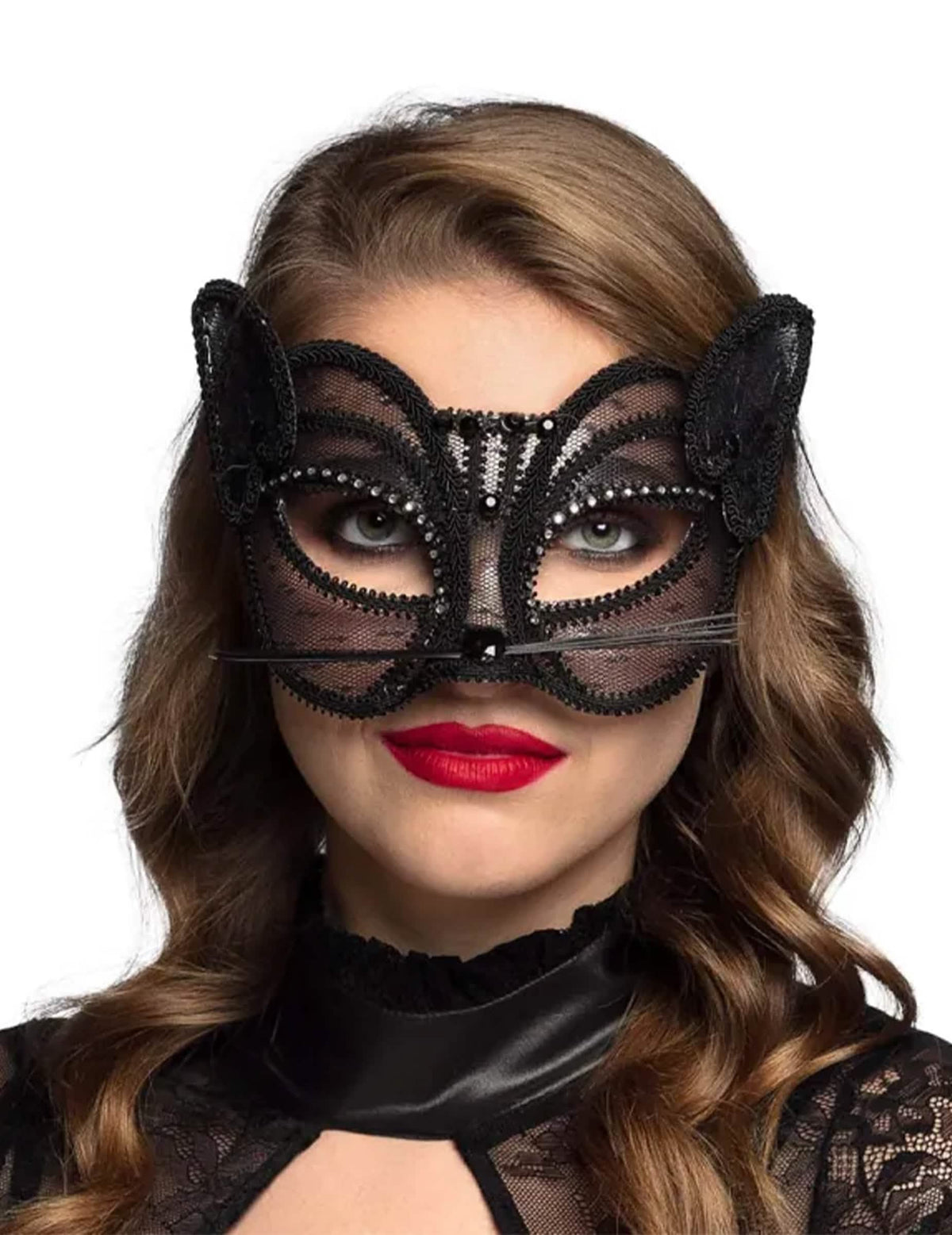 lobo gato para mujer en encaje negro con pedrería
