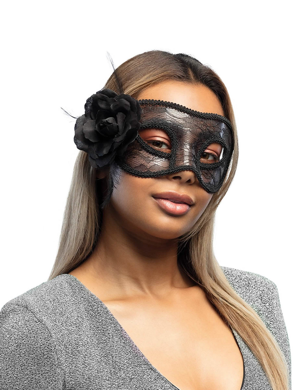 antifaz de encaje con rosa para mujer negro