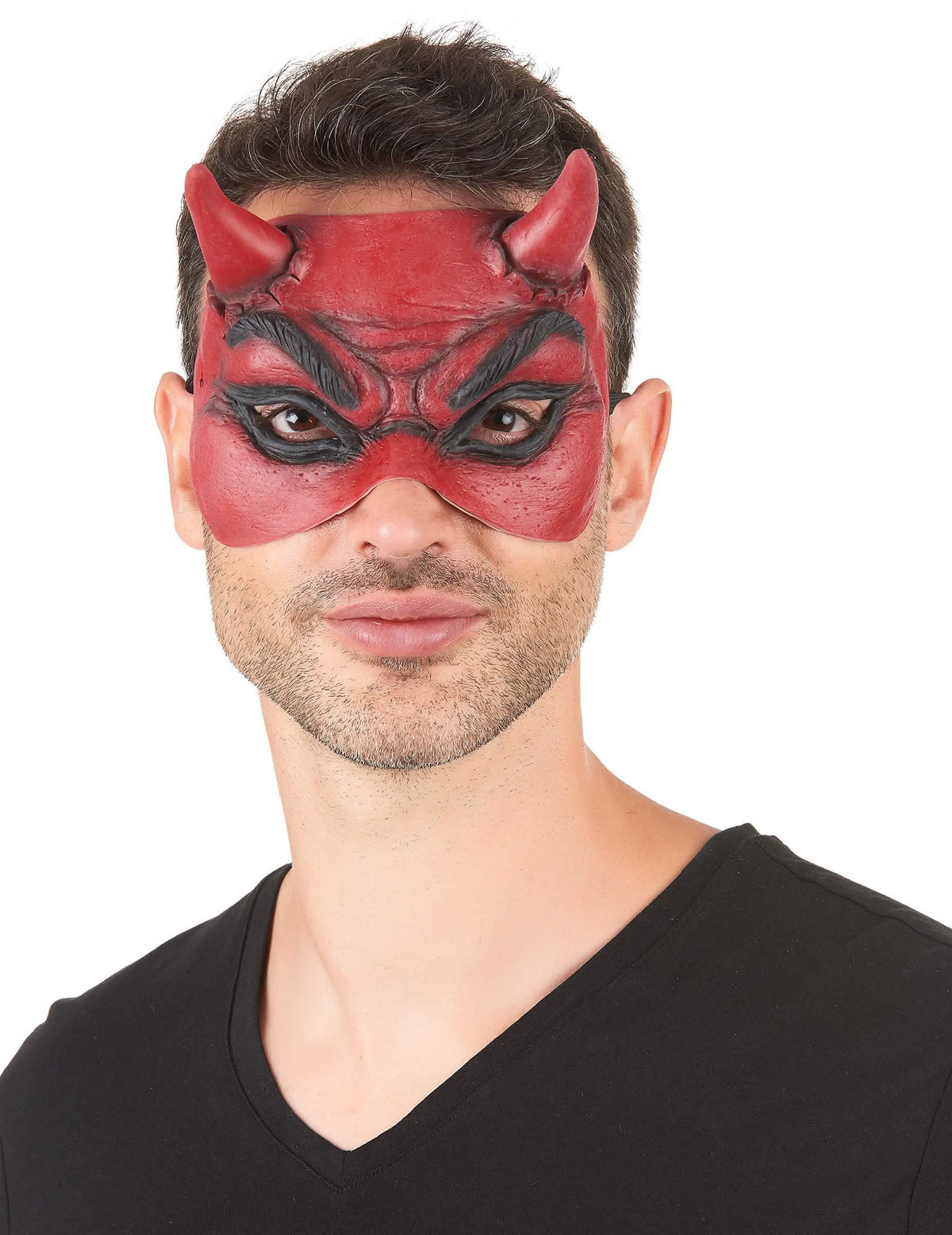 Loup en latex démon pour adulte rouge avec cornes