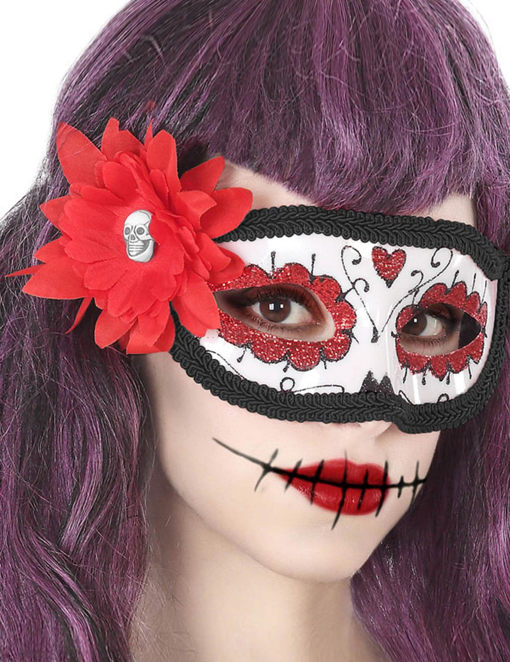 Loup Dia de los muertos pour adulte avec fleur rouge
