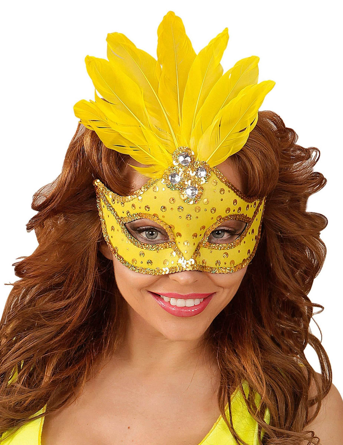 lobo con plumas para mujer amarillo con lentejuelas y strass