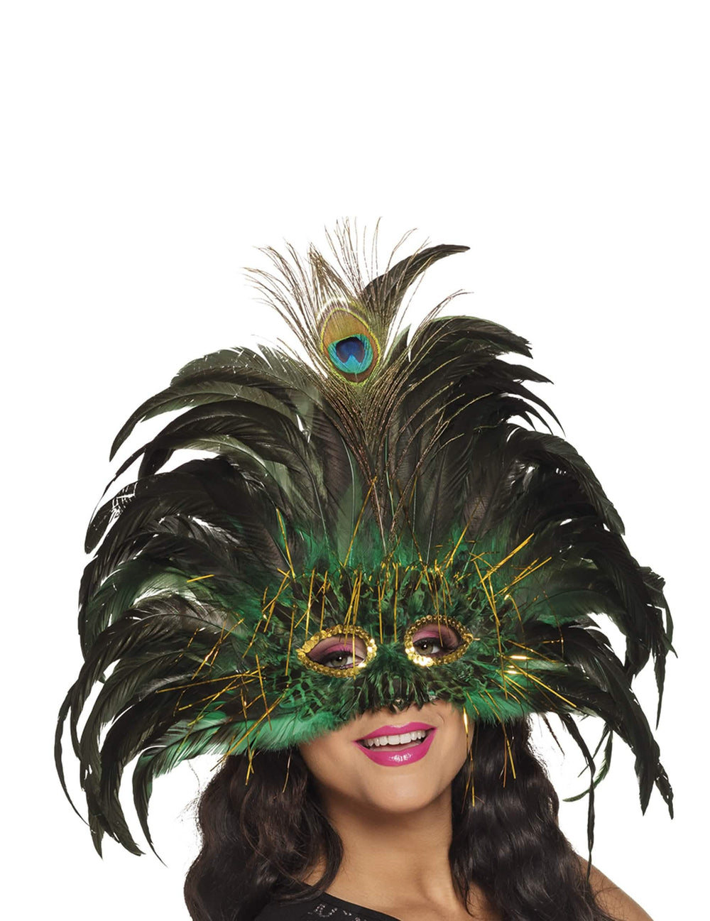 Lobo veneciano con plumas para adulto verde y negro con pluma de pavo real central