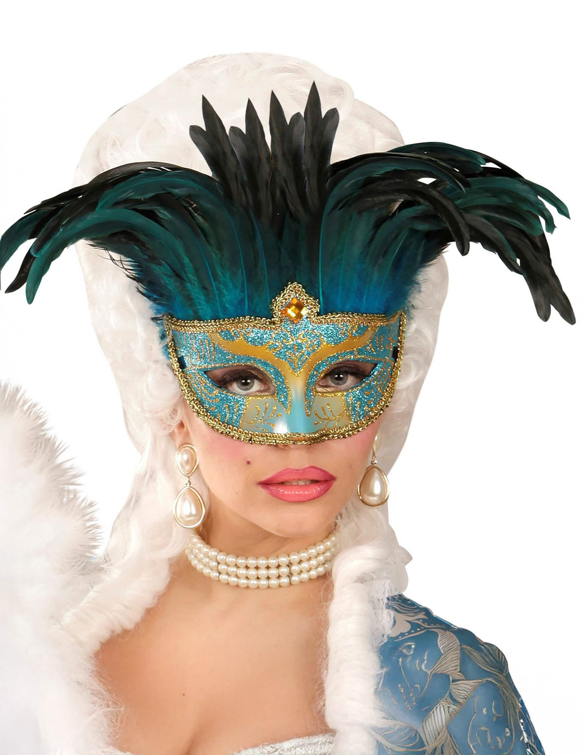 Loup vénitien pour adulte bleu et or à plumes noires et turquoises