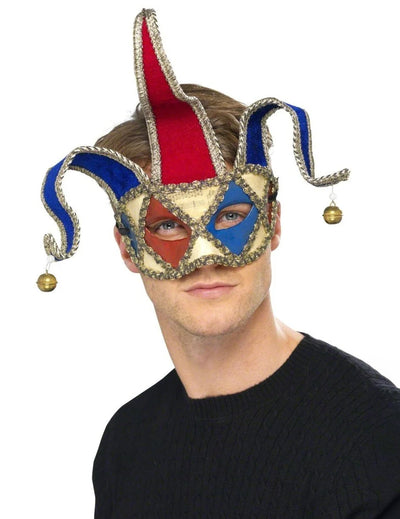 Loup vénitien clown arlequin pour adulte bleu et rouge avec grelots dorés