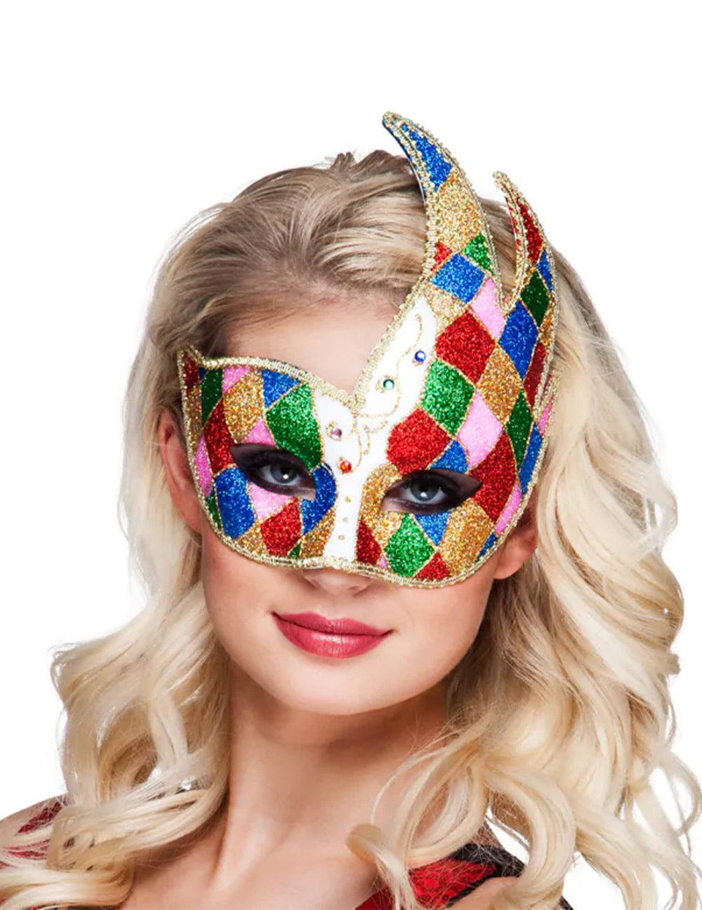 Loup vénitien losanges multicolores pour adulte à paillettes et bords dorés