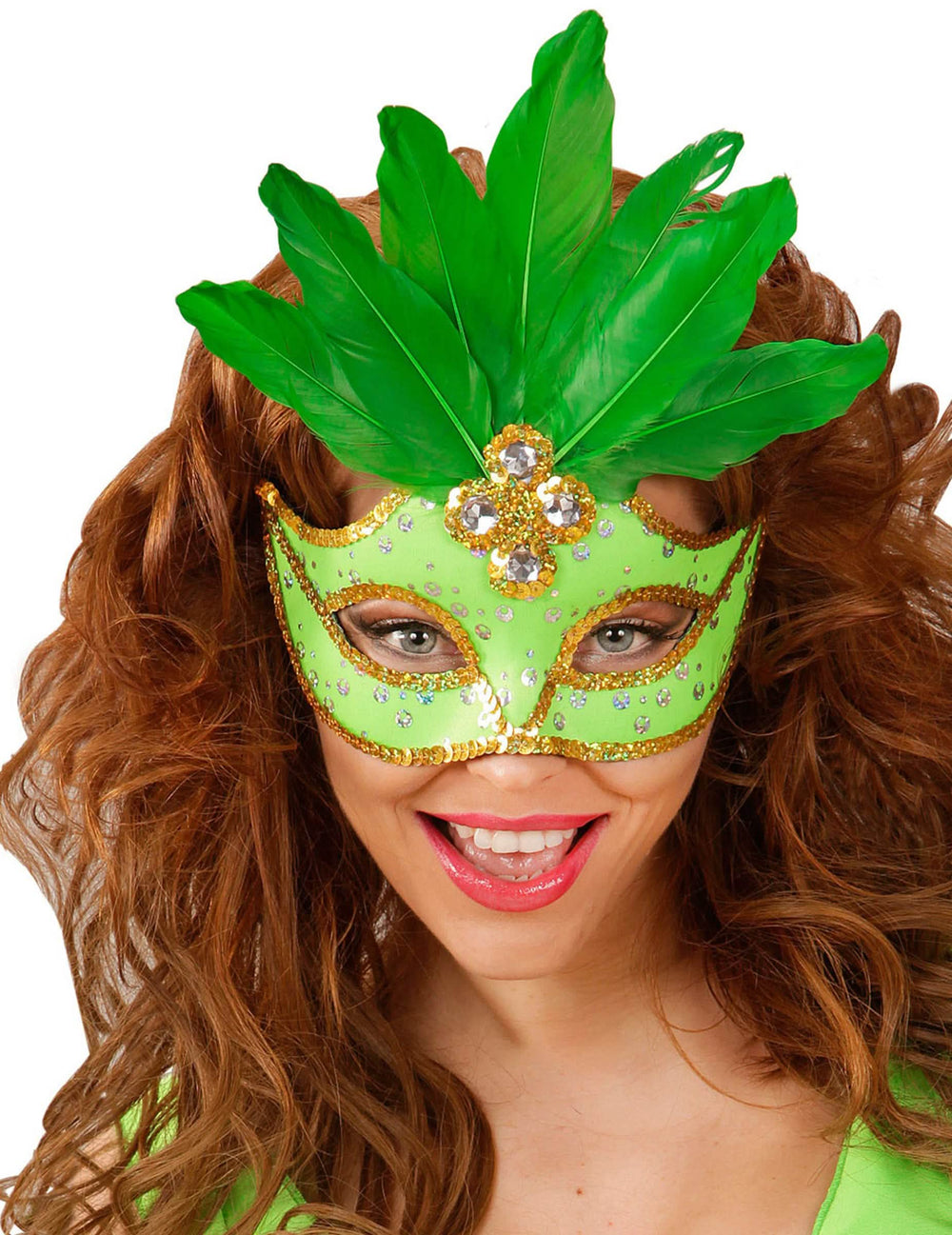lobo con plumas para mujer verde con brillantes y lentejuelas