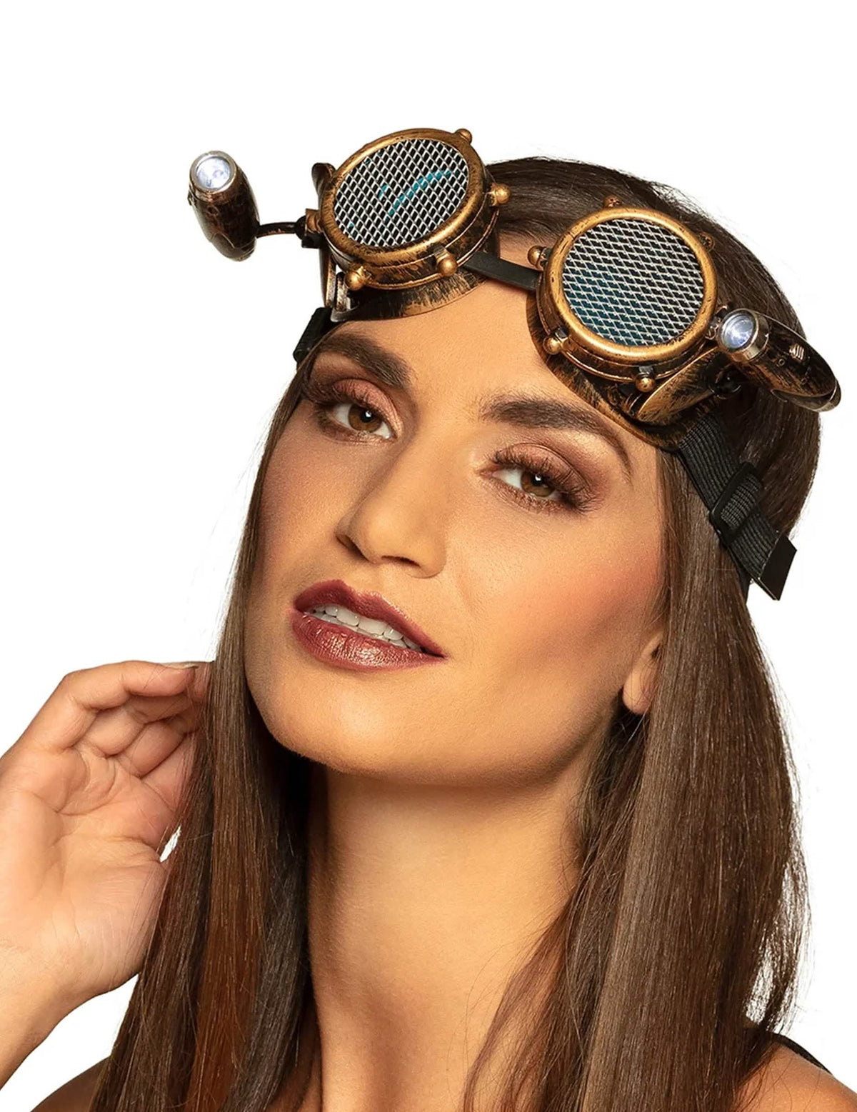 gafas con luz frontal steampunk para adulto bronce con lentes enrejadas