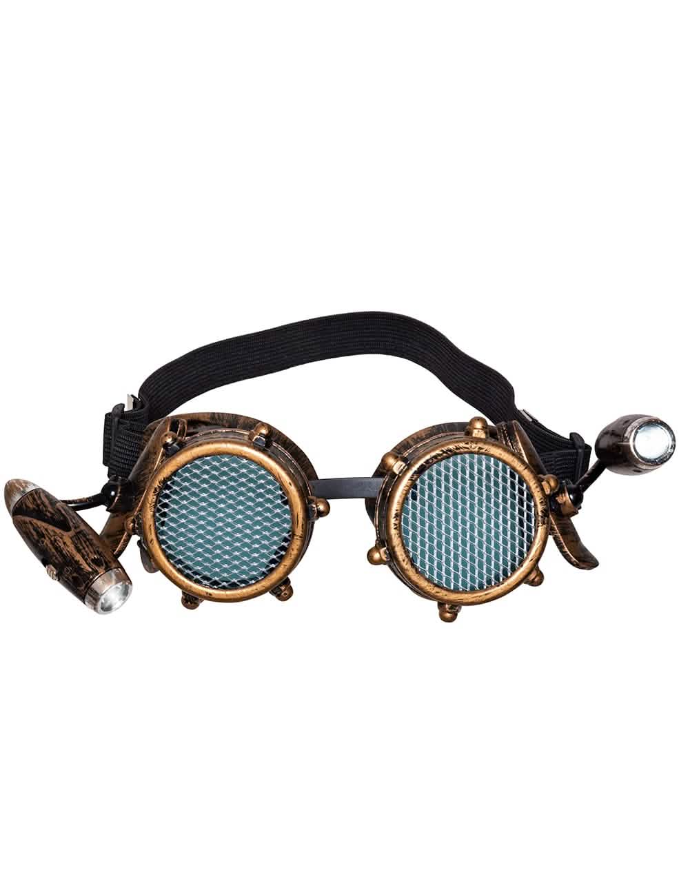 Detalle de las lámparas laterales de las gafas con luz frontal steampunk para adulto