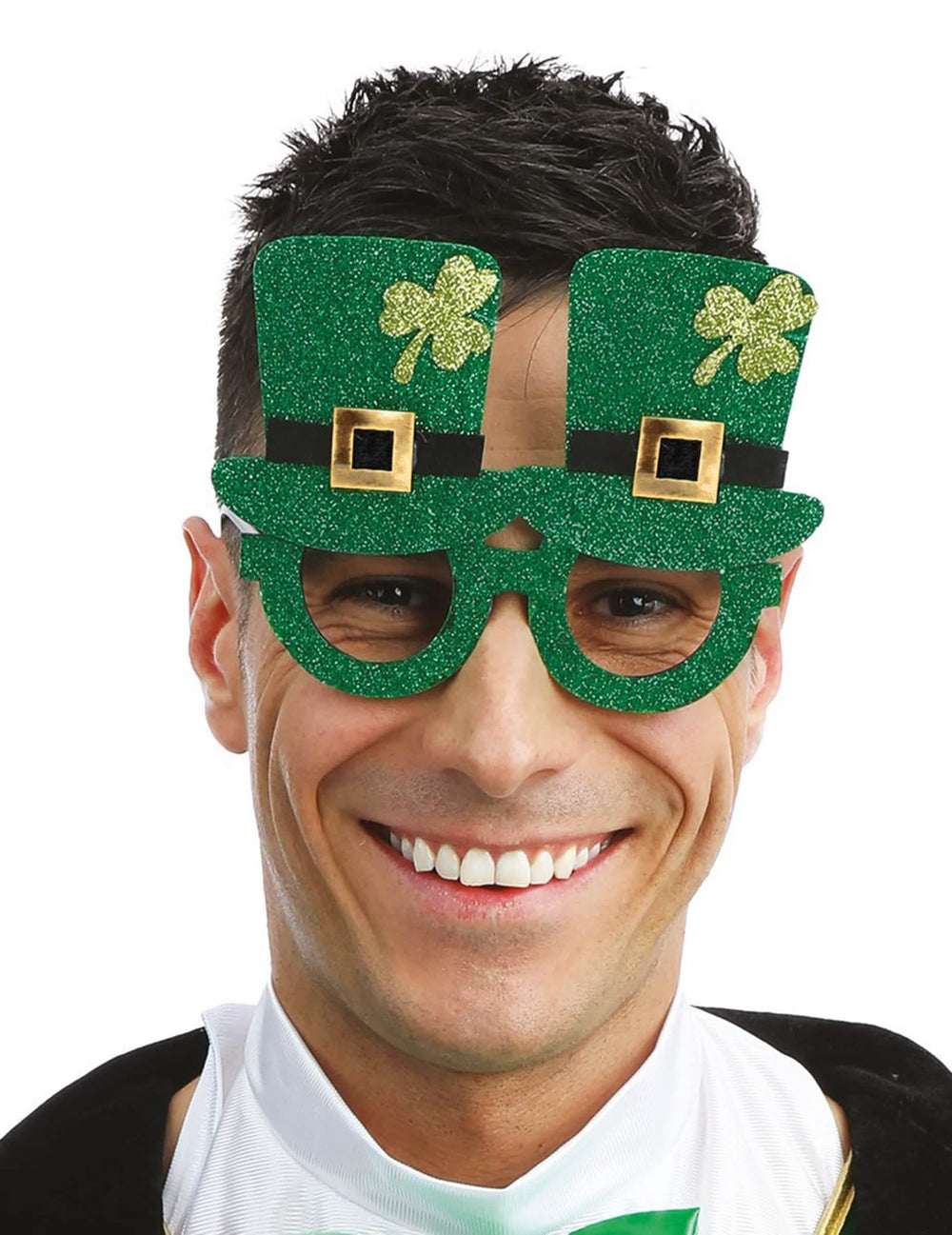 Lunettes chapeaux Saint Patrick pour adulte vertes à paillettes avec trèfles dorés