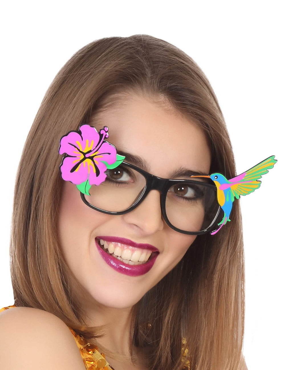 gafas de verano hawaianas para adulto negras con flor de hibisco rosa y colibrí multicolor