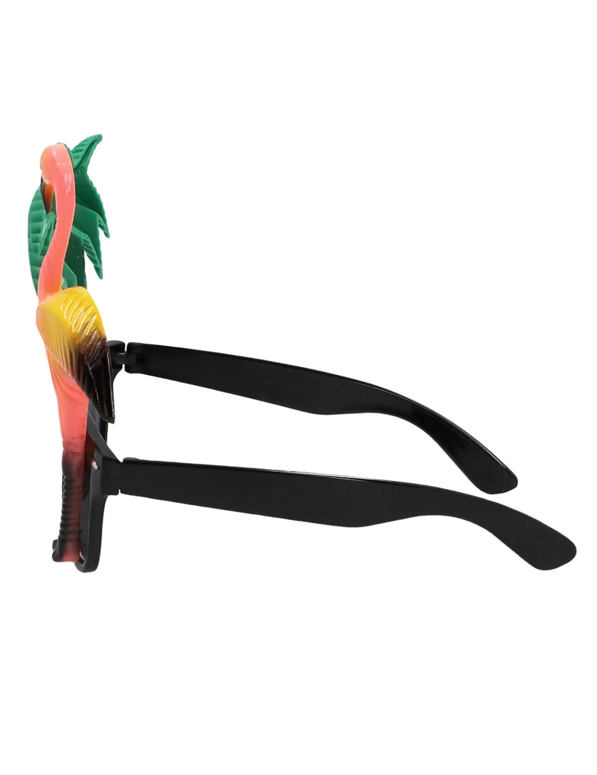 Vue de profil des lunettes hawaïennes pour adulte avec palmier et flamant rose