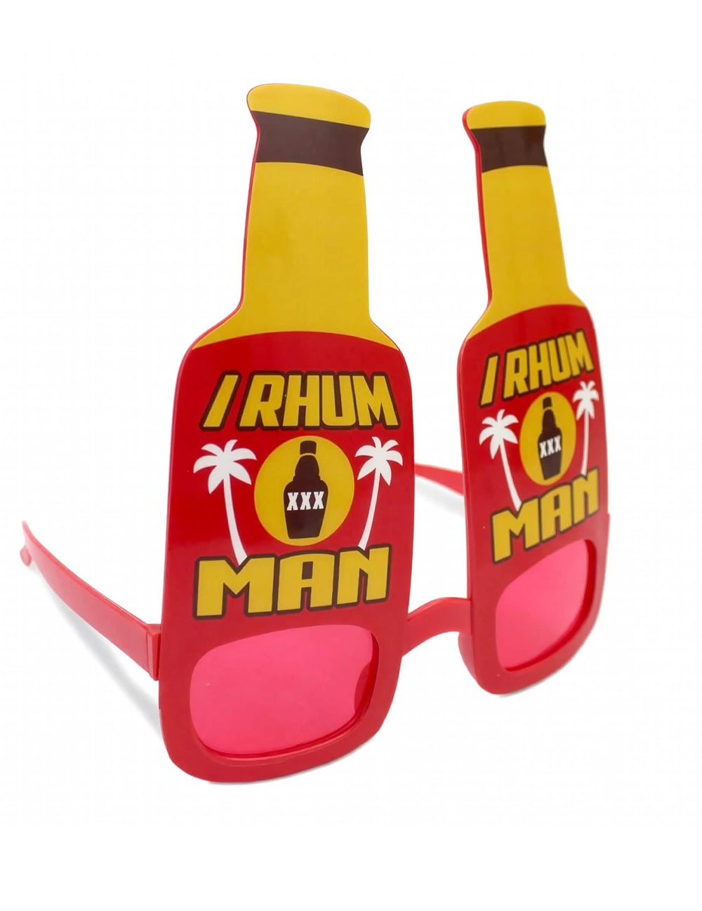 Lunettes humoristiques I Rhum Man pour adulte rouges et jaunes en forme de bouteilles