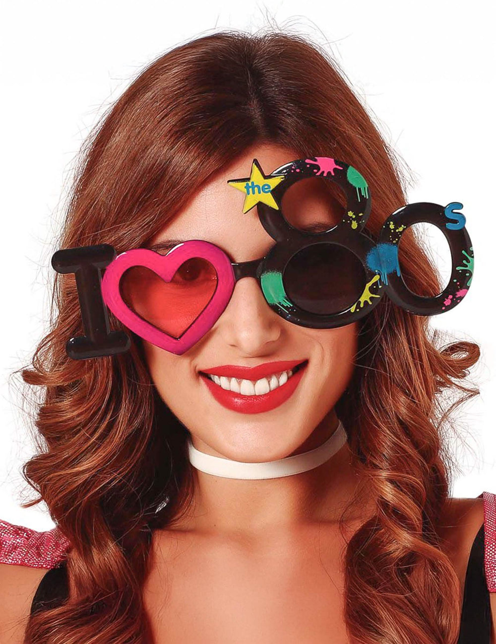 gafas I love 80's para adulto negras con corazón rosa y manchas multicolores