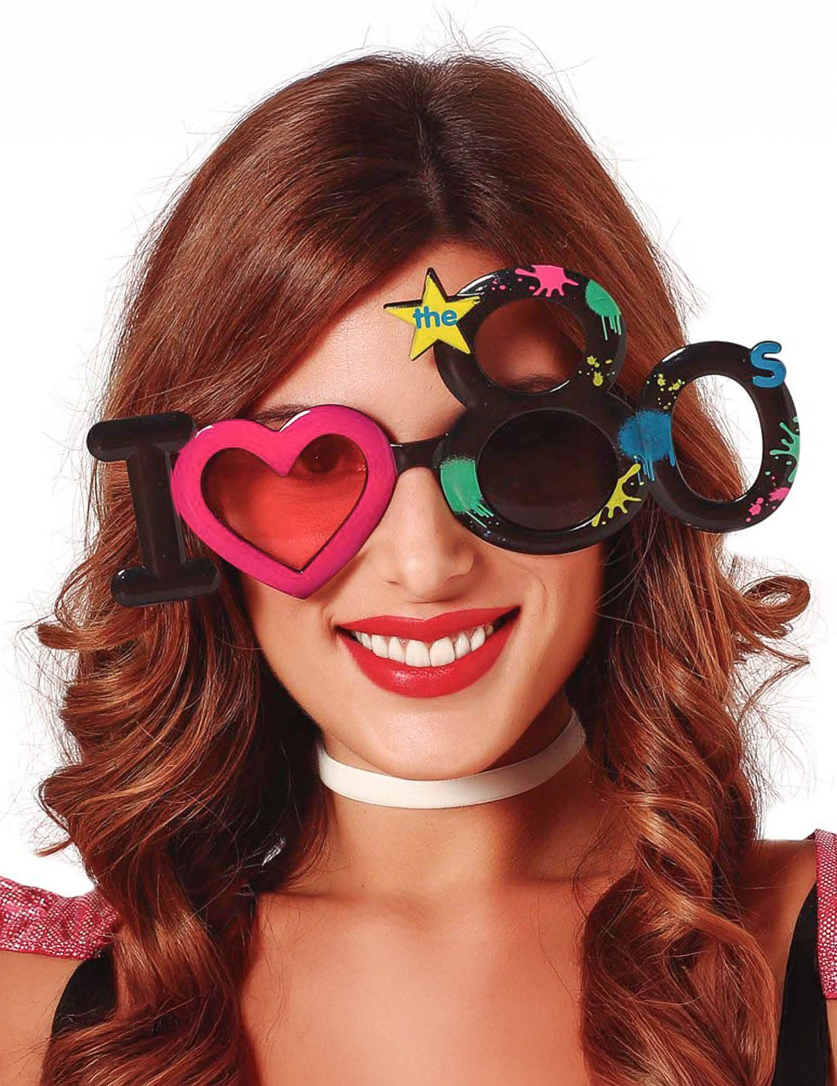 gafas I love 80's para adulto negras con corazón rosa y manchas multicolores