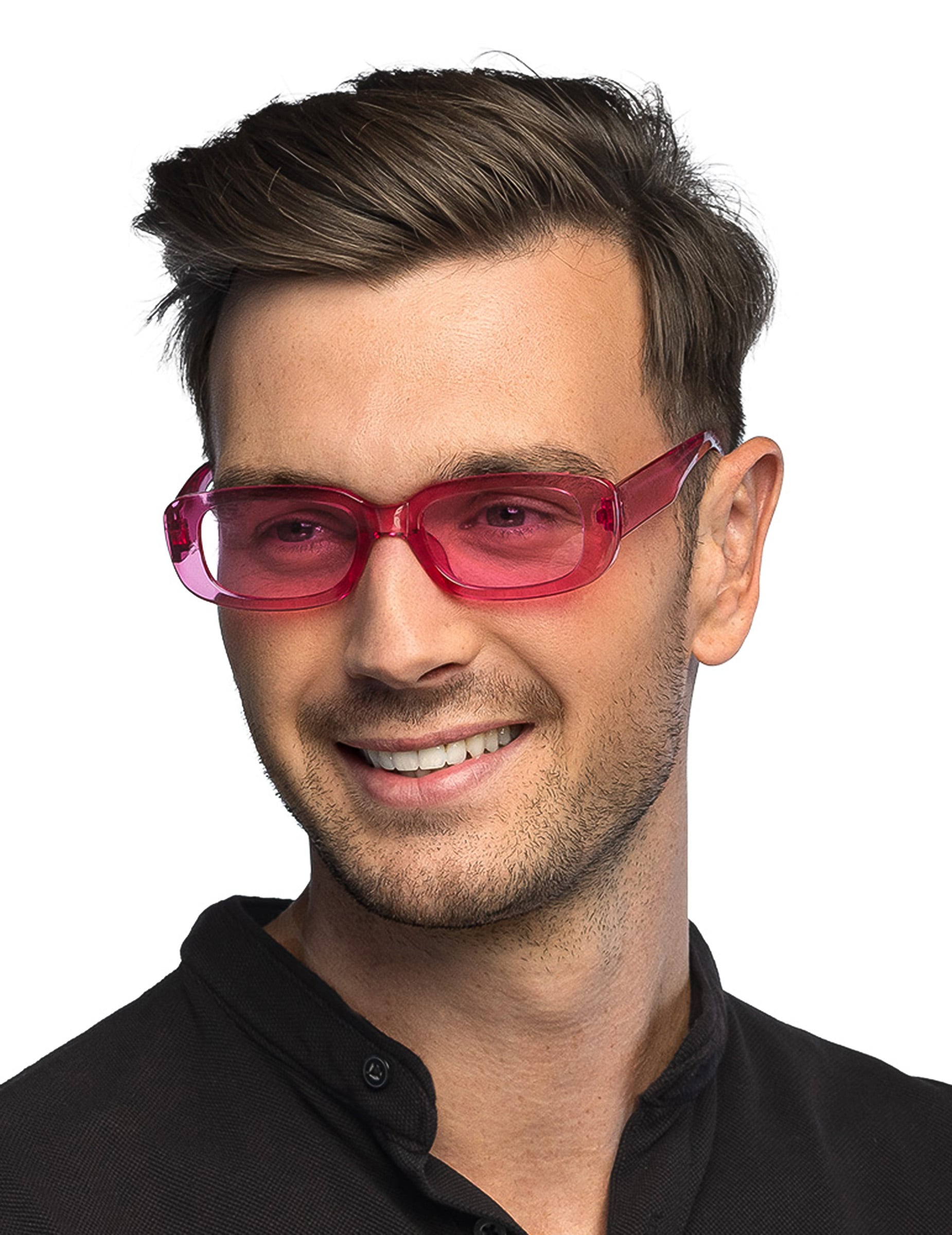 Vue de face portée des lunettes roses transparentes pour adulte turn off