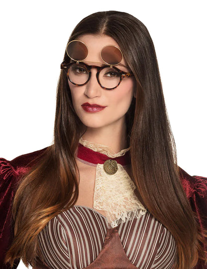 Détail des verres relevables des lunettes vintage steampunk pour adulte