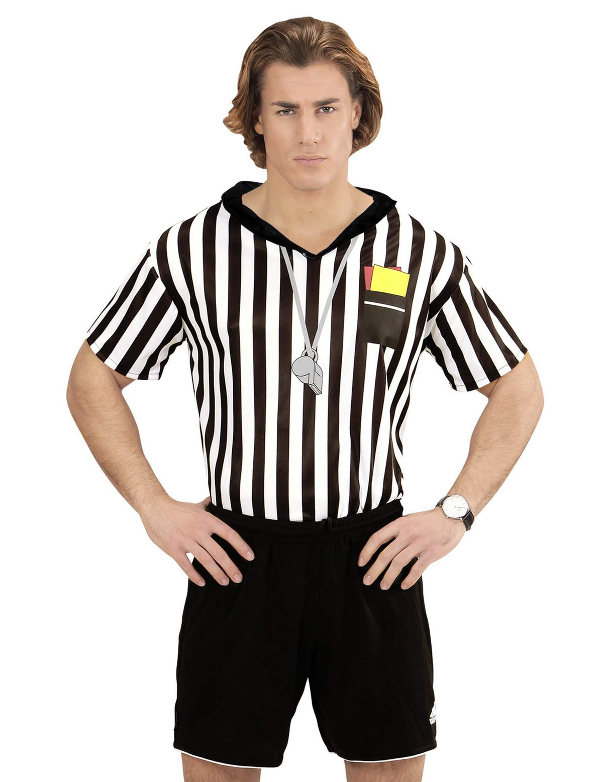 Détails du sifflet et des cartons imprimés du maillot d'arbitre pour adulte