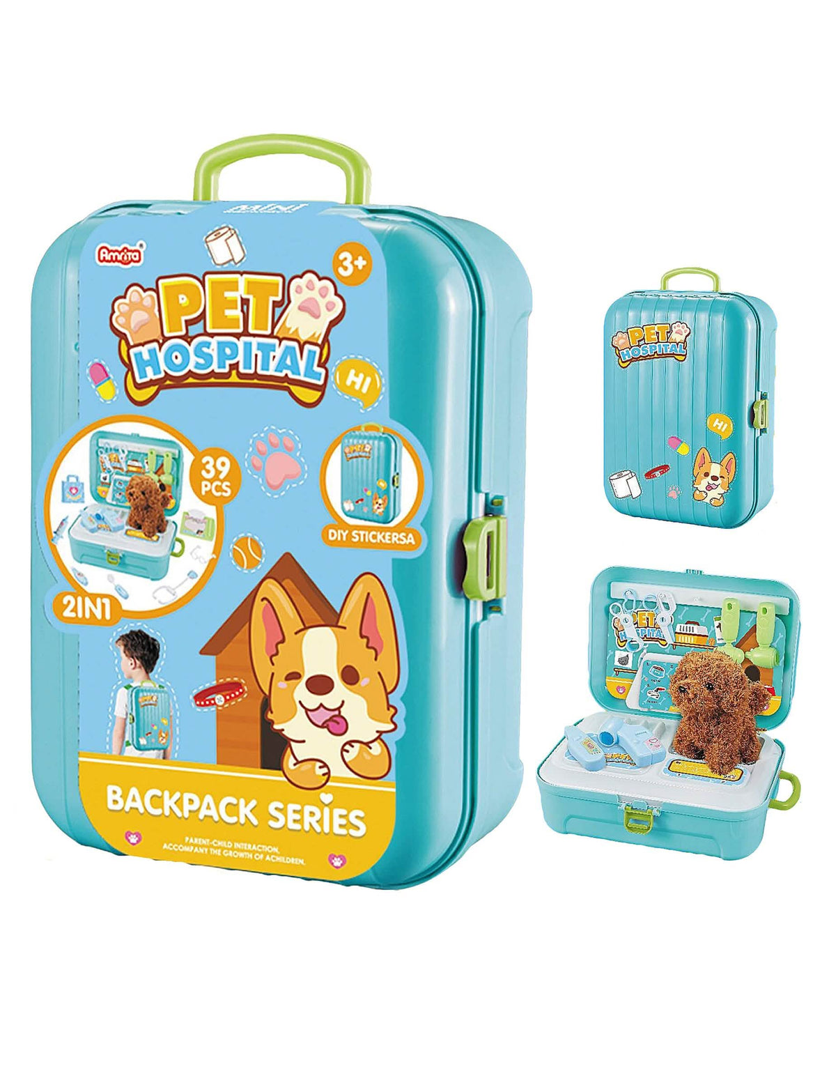 Vistas de la mochila cerrada y abierta del kit de juego veterinario