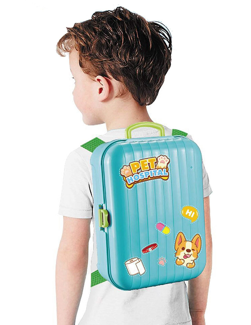 Vista trasera de la mochila del kit de juego veterinario llevada por un niño