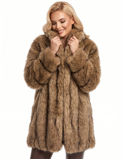 Manteau long en fausse fourrure de luxe marron