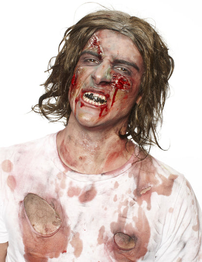 Vue de face du personnage zombie du maquillage latex liquide blanc pour adulte