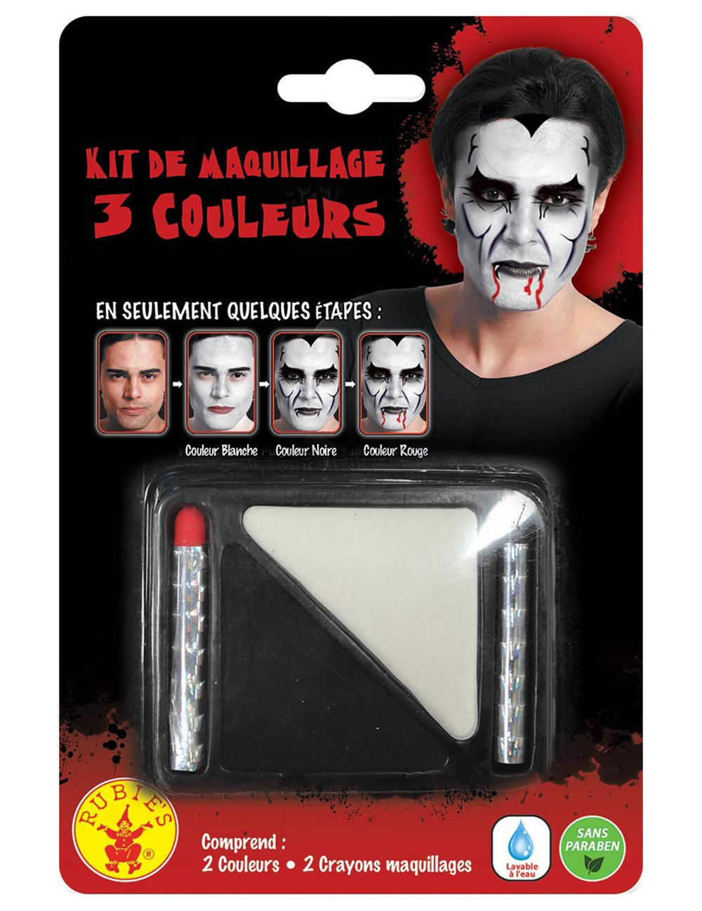 Vista frontal del embalaje y del contenido del maquillaje de vampiro