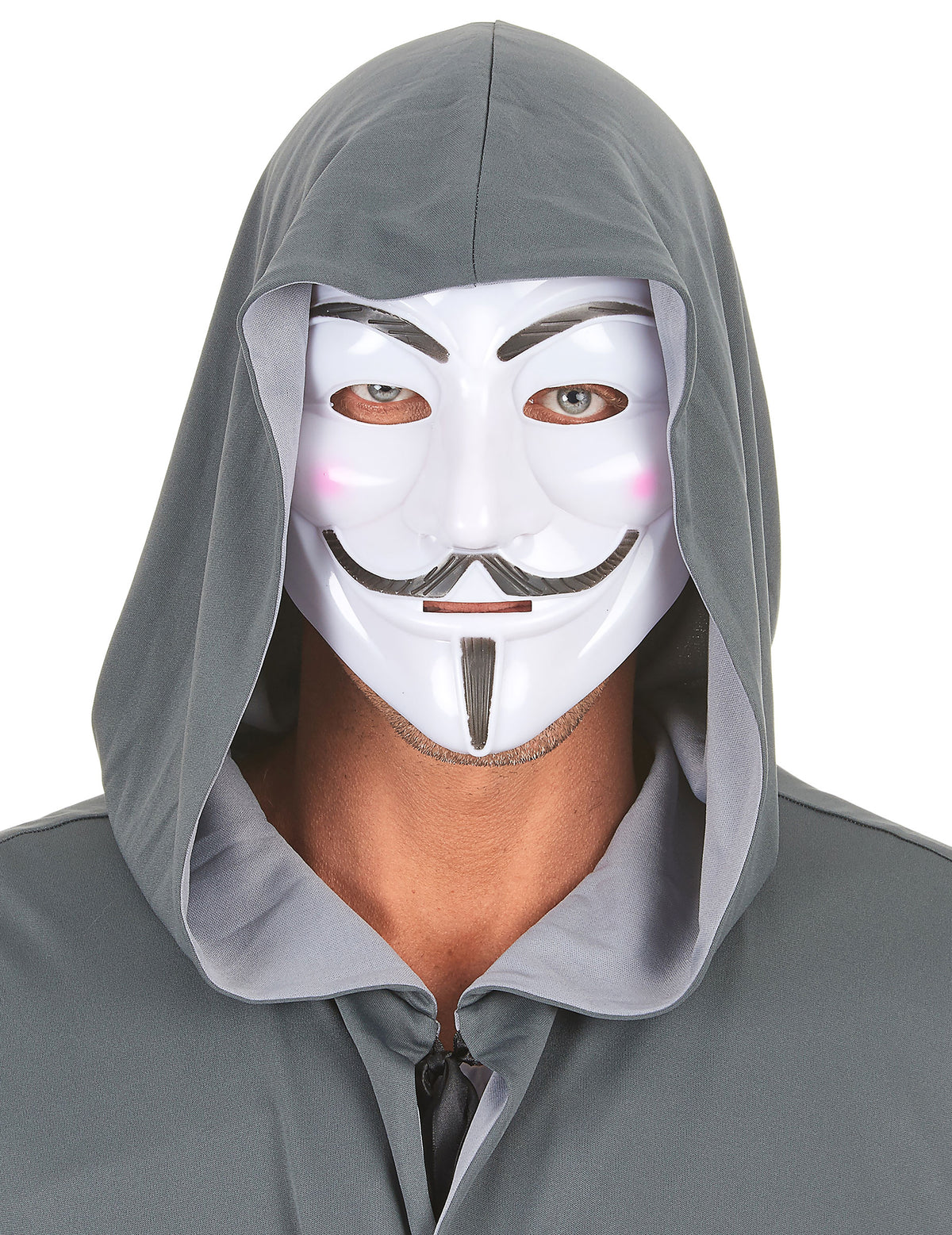 Masque anonyme pour adulte blanc avec capuche grise
