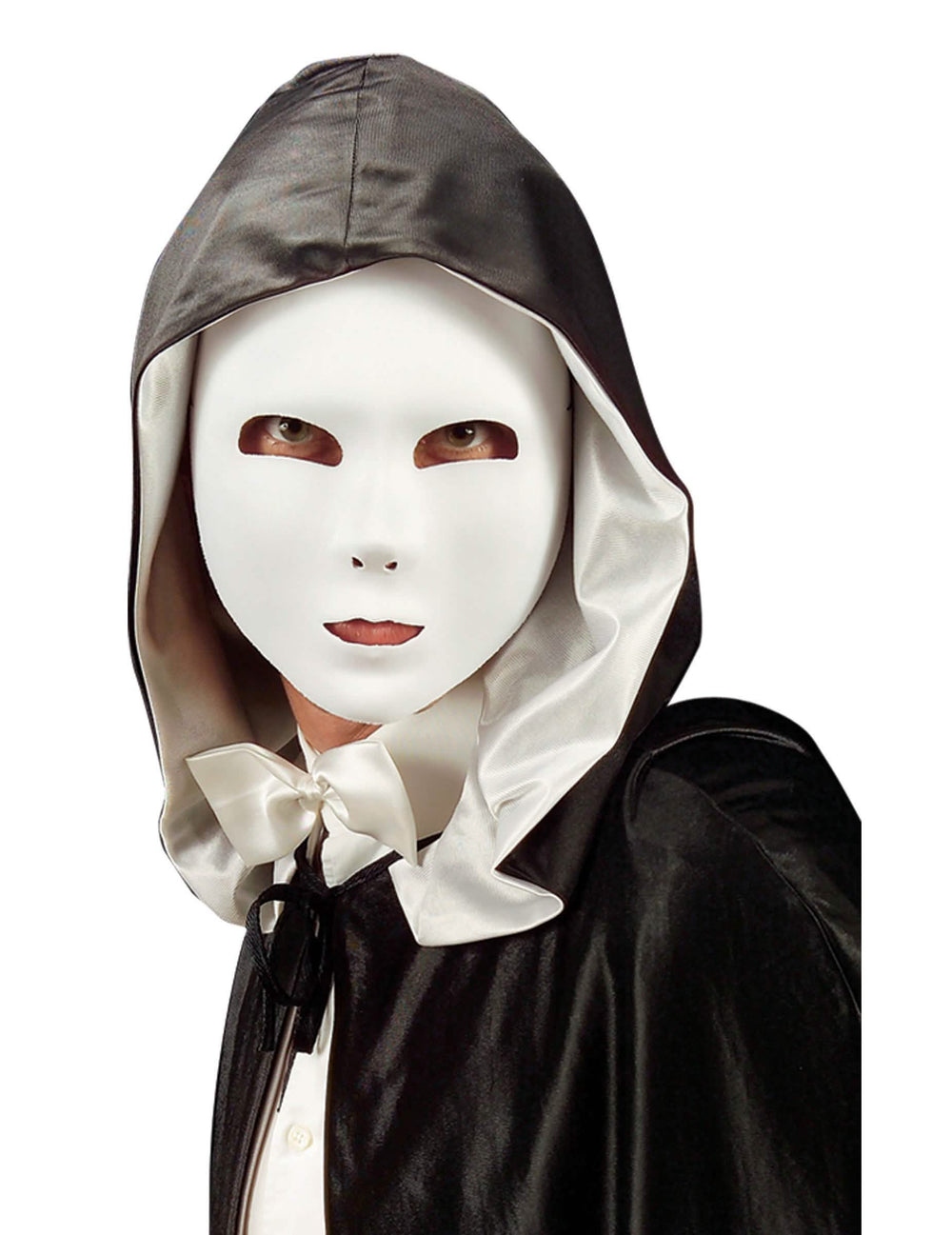 Masque blanc pour adulte avec capuche noire et noeud papillon blanc