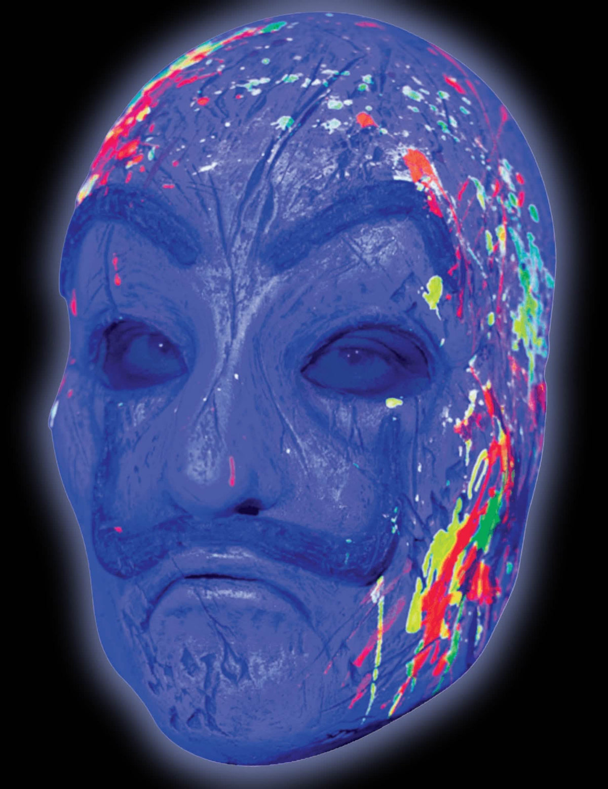 Vue de l'effet UV du masque braqueur avec tâches néon UV luxe pour adulte