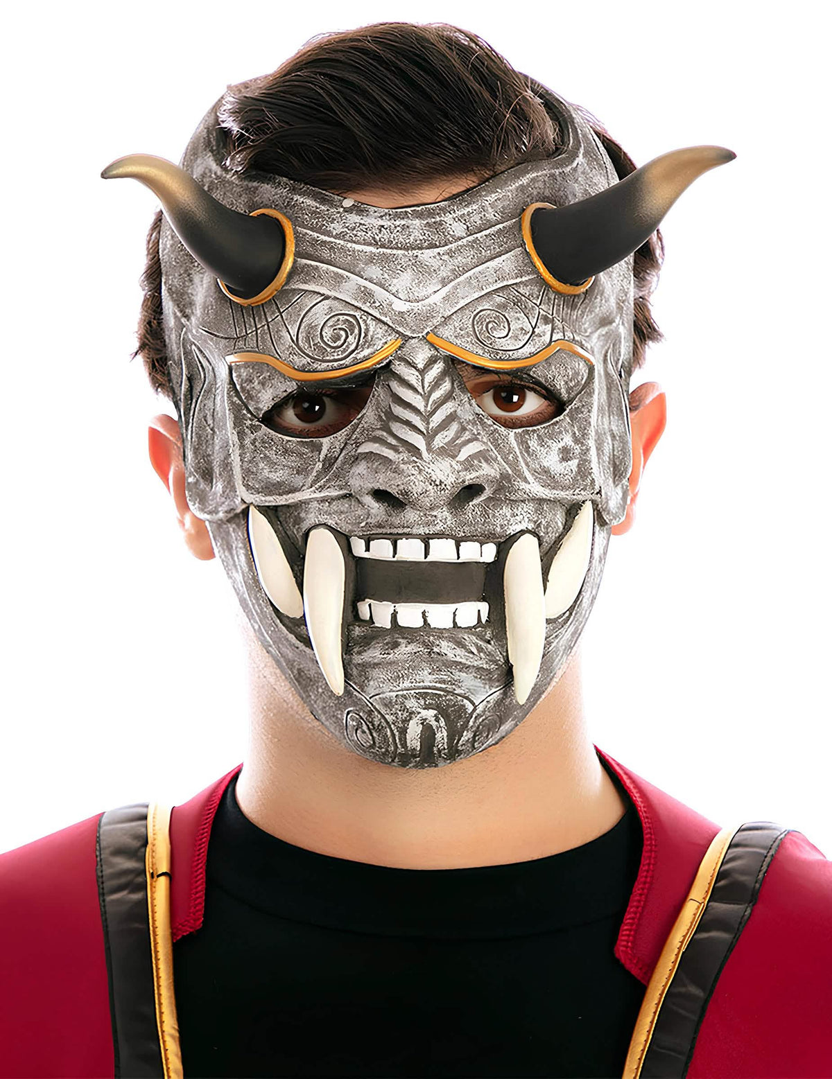 Masque démon japonais pour adulte gris argenté avec cornes et crocs