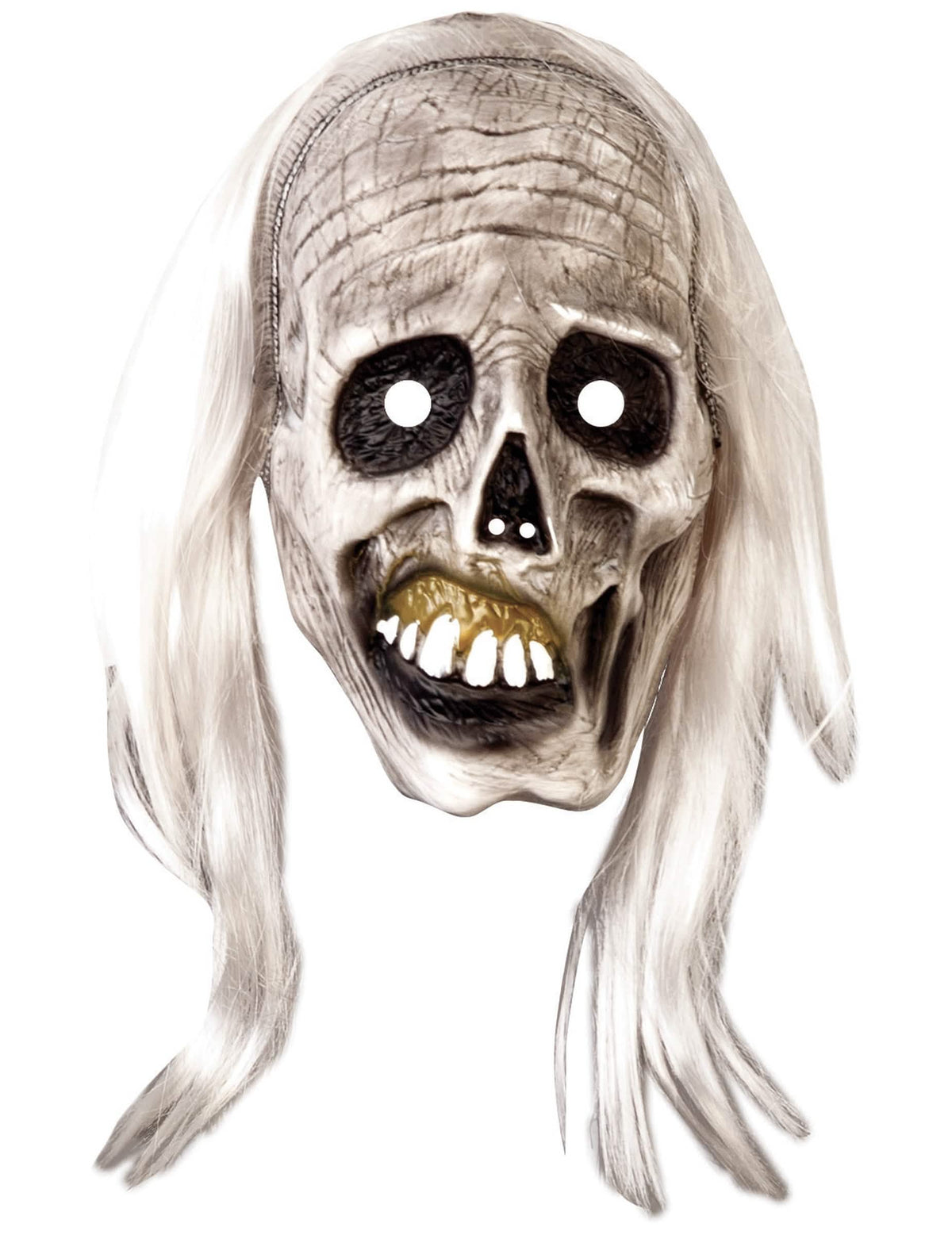 Primer plano del rostro de la máscara y peluca zombie para adulto