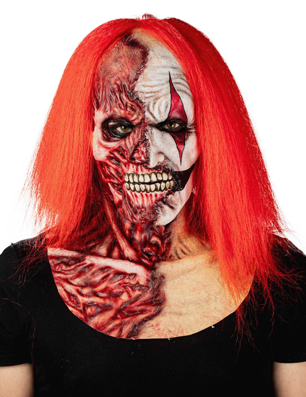 Máscara hiperrealista de payaso de doble cara para adulto con largos cabellos rojos y efectos sangrientos