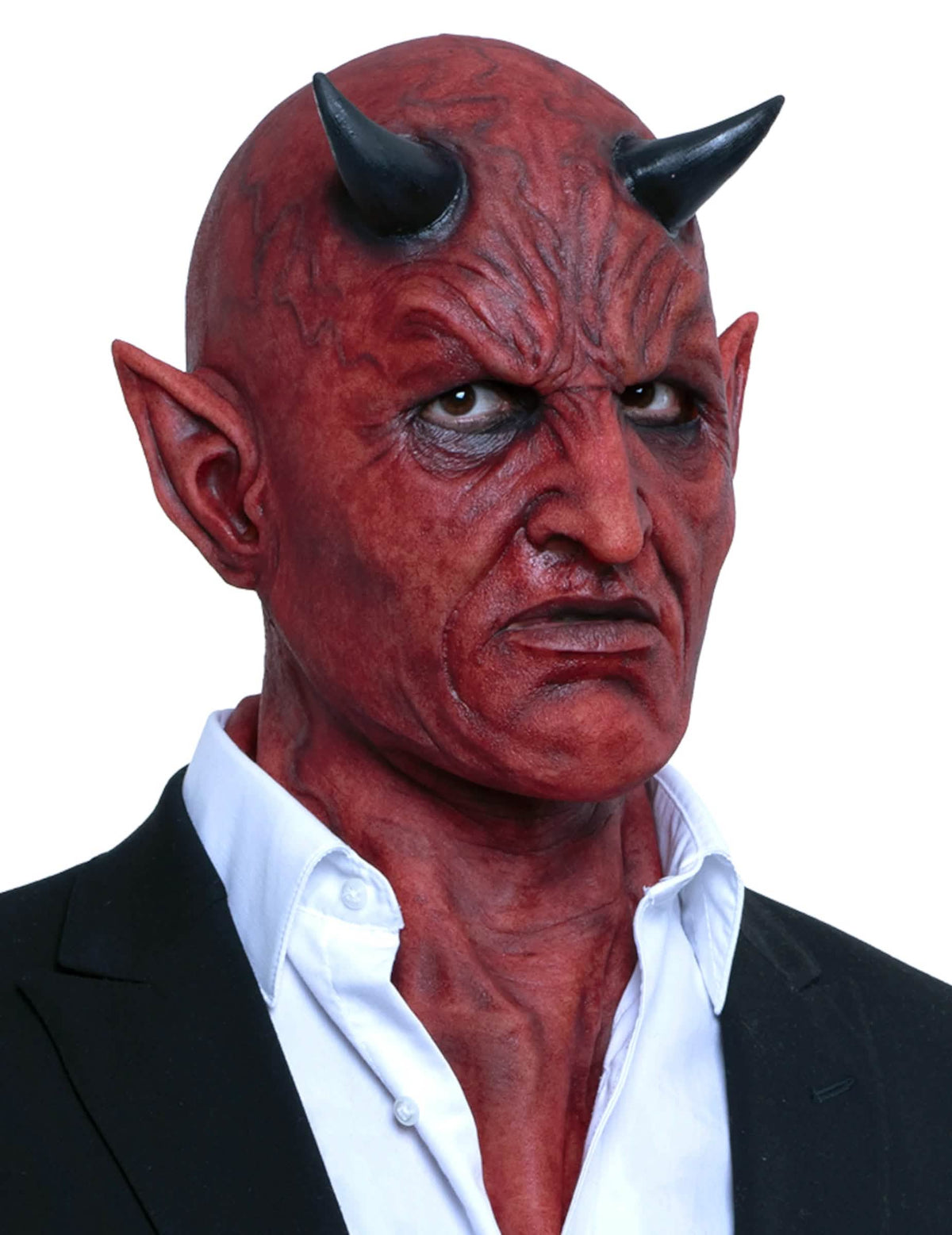 Máscara de demonio premium hiperrealista para adulto rojo con cuernos negros